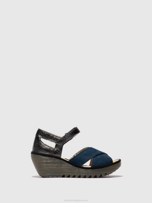 blauw/grafiet Fly London vrouwen sandalen met enkelbandje yent365 V2B0508