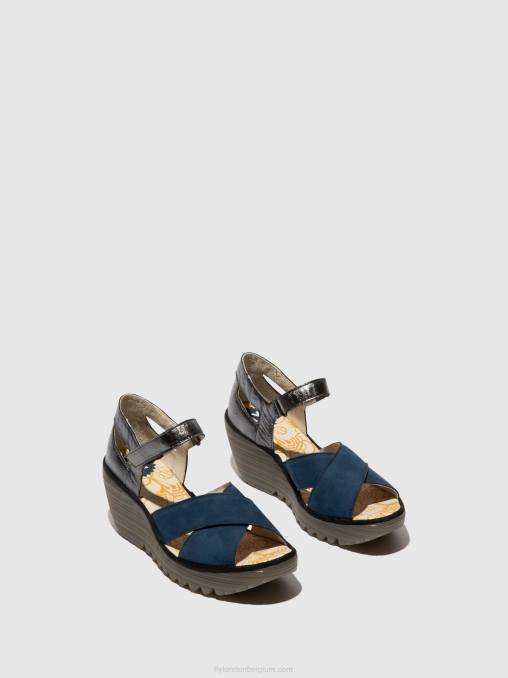 blauw/grafiet Fly London vrouwen sandalen met enkelbandje yent365 V2B0508