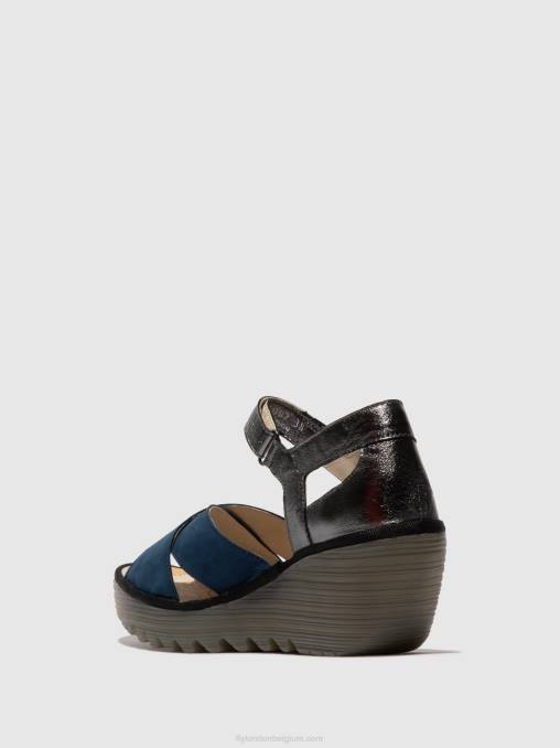 blauw/grafiet Fly London vrouwen sandalen met enkelbandje yent365 V2B0508