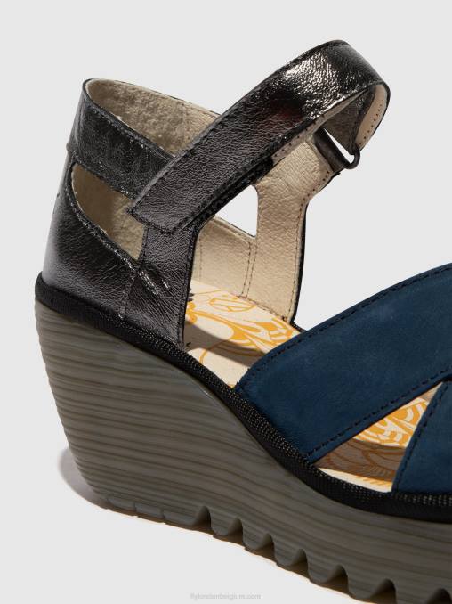 blauw/grafiet Fly London vrouwen sandalen met enkelbandje yent365 V2B0508
