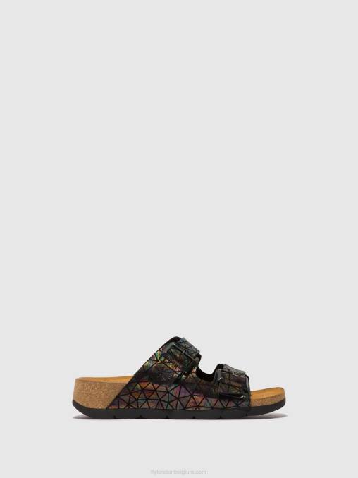 zwarte benzine Fly London vrouwen sandalen met gesp caja721 V2B0500