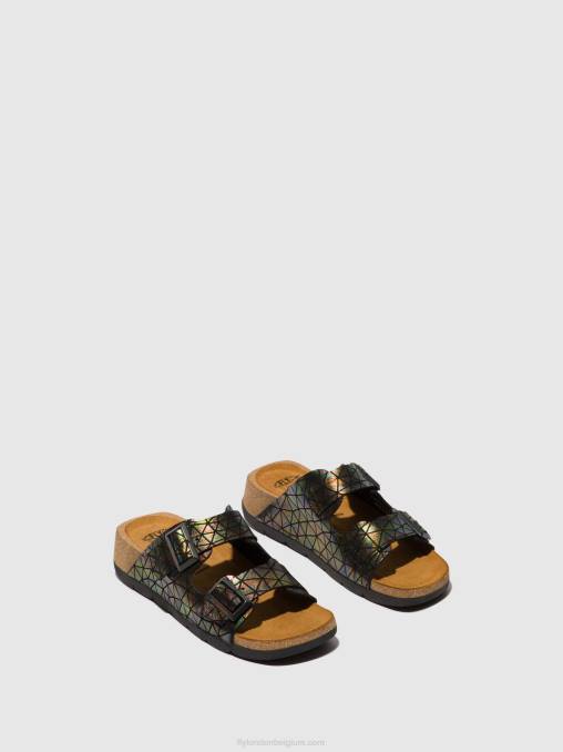 zwarte benzine Fly London vrouwen sandalen met gesp caja721 V2B0500